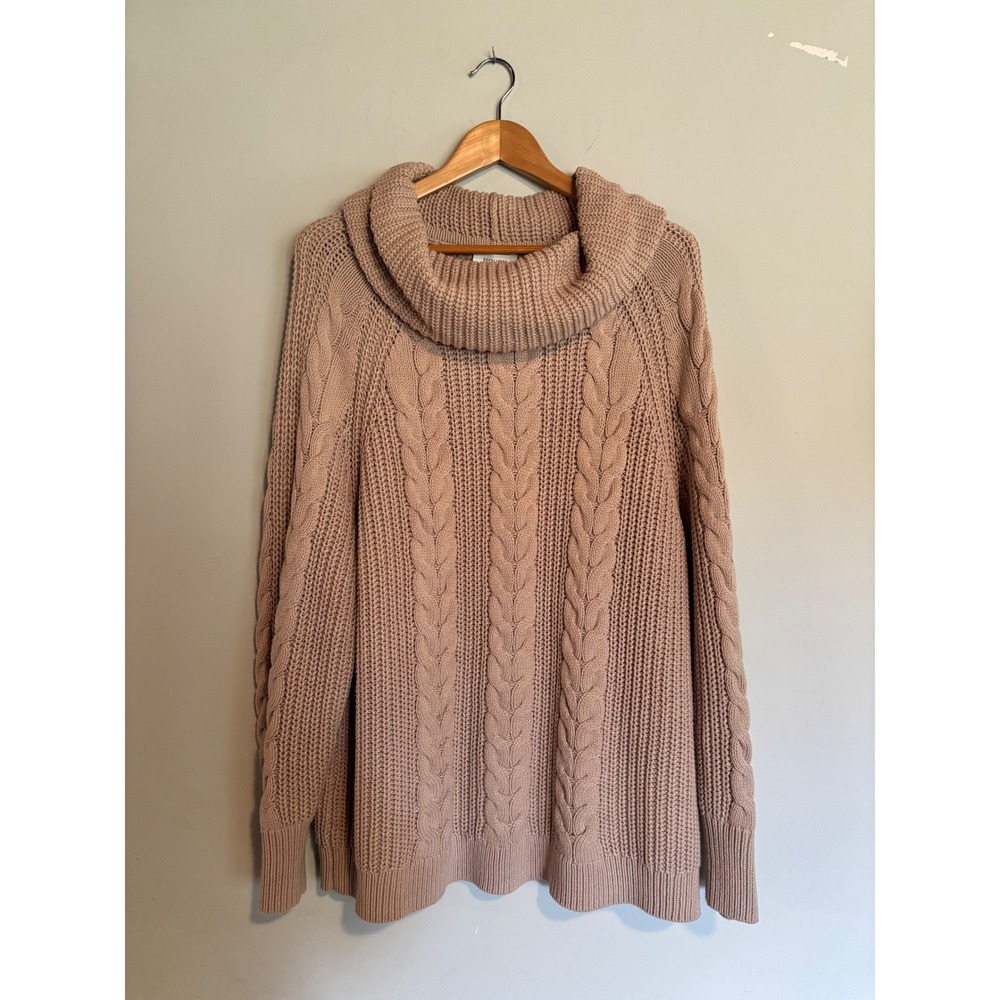 Haven Well Within Tan Beige Cable Knit Cowl Neck Sweater XL Cotton Blend